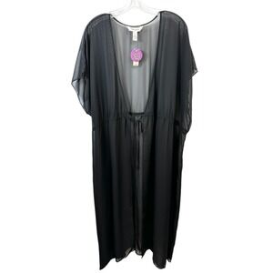 Cacique Plus Size 22/24W Sheer Robe Black Mesh Maxi Tie Front Lingerie NWT 812